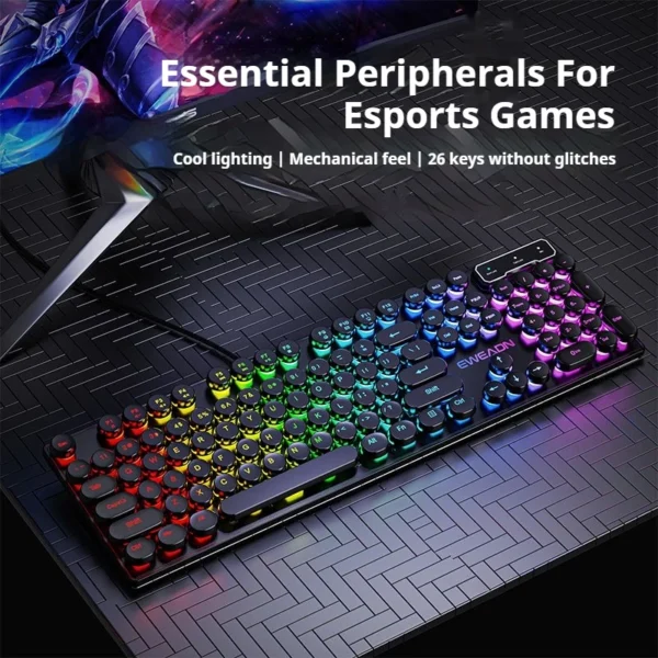 kf-S068bc4bab383443ab68950f33fe2cd699 EWEADN GX330 Typewriter Gaming Keyboard, 104 Keys Wired Retro Punk Round Keycaps, with RGB Backlit, for Windows Laptop PC black