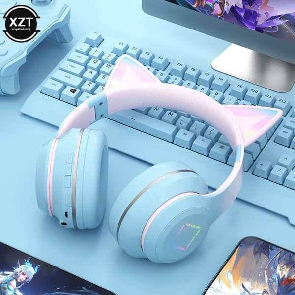 New Headset Bluetooth 5.1 Wireless Gamer Cute Cat Ear Headphones with Mic RGB LED Light For Kids PC Gamer Laptop Earphones Gifts