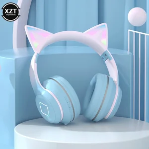 New Headset Bluetooth 5.1 Wireless Gamer Cute Cat Ear Headphones with Mic RGB LED Light For Kids PC Gamer Laptop Earphones Gifts