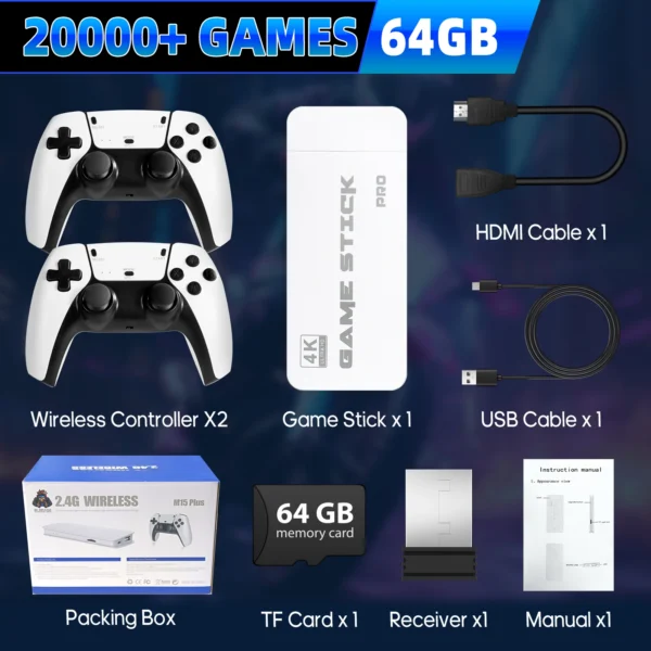 2025 4K Retro Game Stick 64GB Memory Card 20000+Games 23 Emulators Plug-and-Play Double 2.4GHz Wireless Game Controller